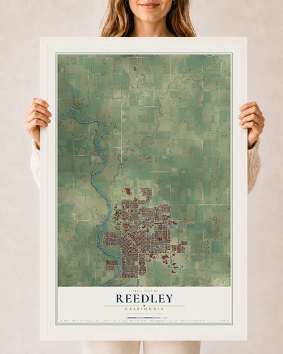 Map of Reedley, California, 24 x 36 inch print in a white wood frame