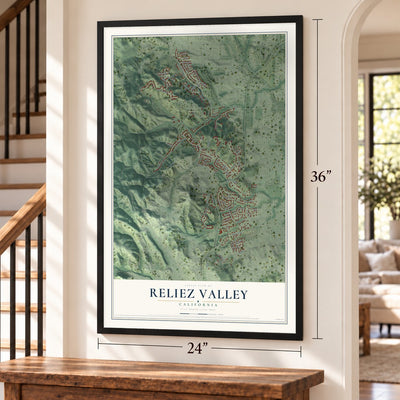Reliez Valley, California map, 24 x 36 inch print in a black frame by a staircase