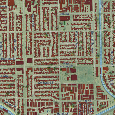 Close-up of the map of Reseda, California print showing street and building detail