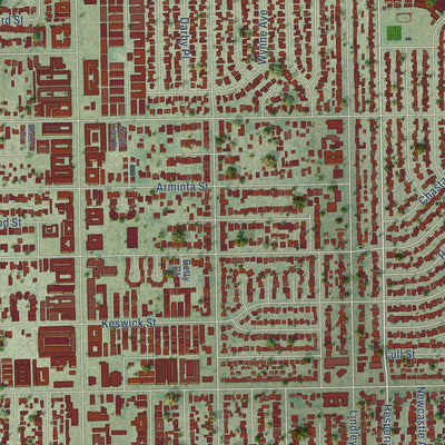 Second close-up of the map of Reseda, California print showing more streets and buildings