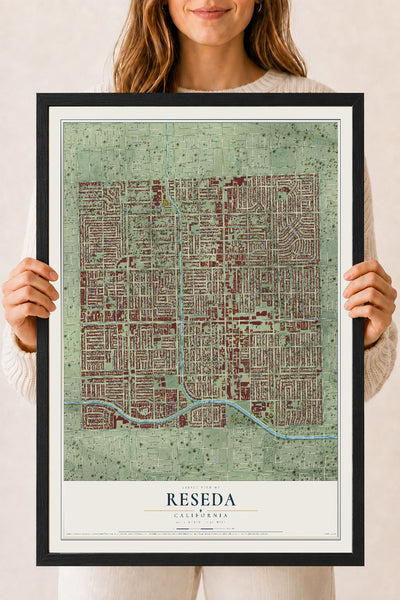 Map of Reseda, California, 18 x 24 inch print in a black wood frame