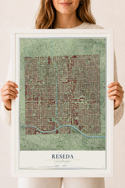 Map of Reseda, California, 18 x 24 inch print in a white wood frame