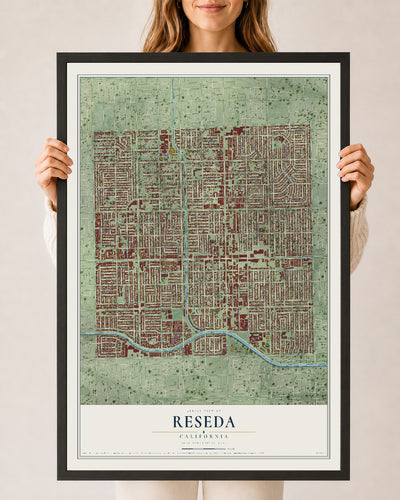 Map of Reseda, California, 24 x 36 inch print in a black wood frame