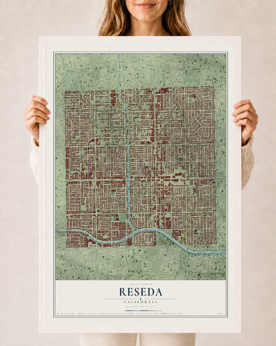 Map of Reseda, California, 24 x 36 inch print in a white wood frame