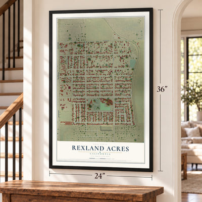 Rexland Acres, California map, 24 x 36 inch print in a black frame by a staircase