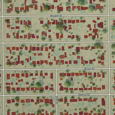 Close-up of the map of Rexland Acres, California print showing street and building detail
