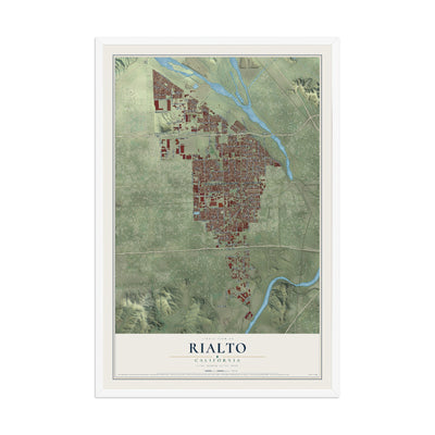 Map of Rialto, California, 12 x 18 inch print in a white wood frame