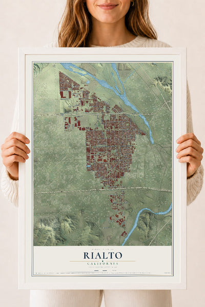 Map of Rialto, California, 18 x 24 inch print in a white wood frame