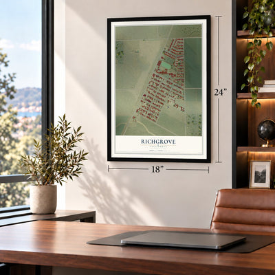 Richgrove, California map, 18 x 24 inch print in a black frame in a home office