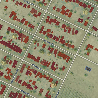 Close-up of the map of Richgrove, California print showing street and building detail