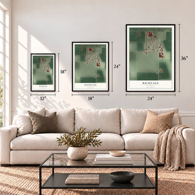 Richvale, California map in 12 x 18, 18 x 24 and 24 x 36 inch sizes above a sofa
