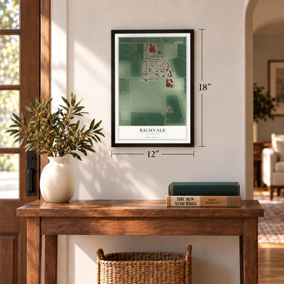 Richvale, California map, 12 x 18 inch print in a black frame in an entryway