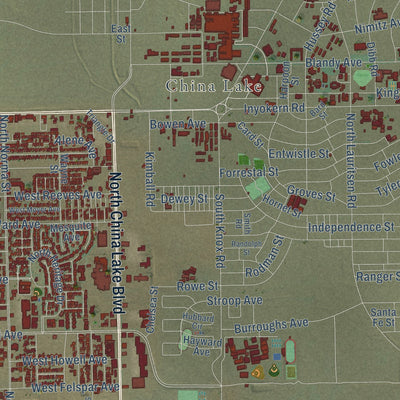 Second close-up of the map of Ridgecrest, California print showing more streets and buildings
