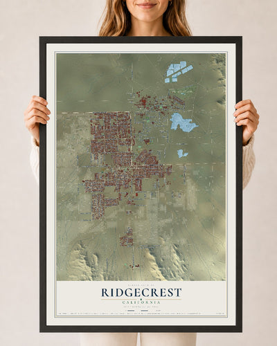 Map of Ridgecrest, California, 24 x 36 inch print in a black wood frame