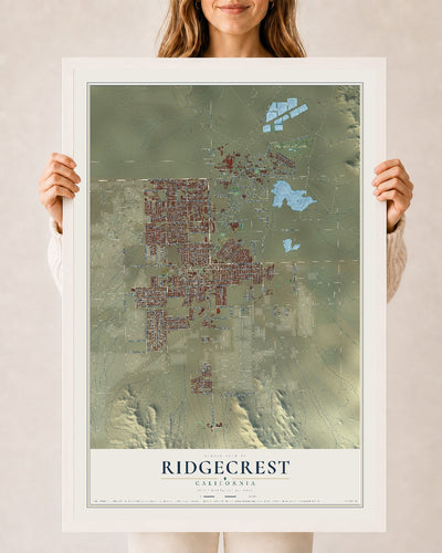 Map of Ridgecrest, California, 24 x 36 inch print in a white wood frame
