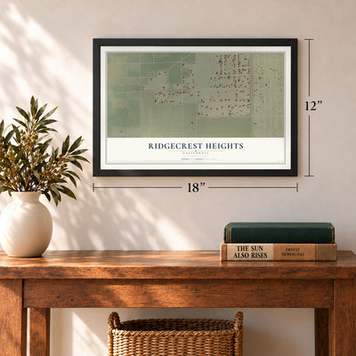 Ridgecrest Heights, California map, 12 x 18 inch print in a black frame in an entryway