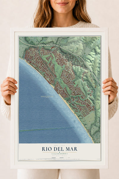 Map of Rio del Mar, California, 18 x 24 inch print in a white wood frame