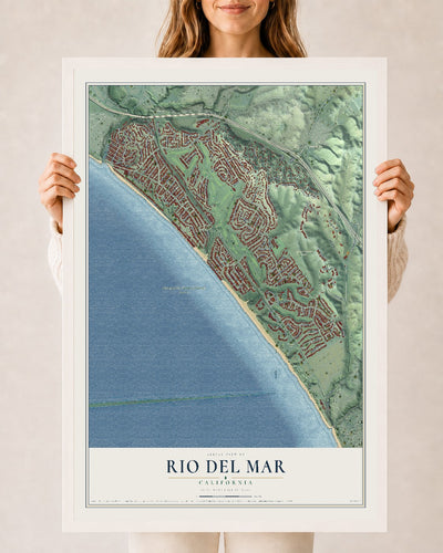 Map of Rio del Mar, California, 24 x 36 inch print in a white wood frame