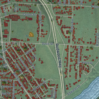 Close-up of the map of Rio Dell, California print showing street and building detail