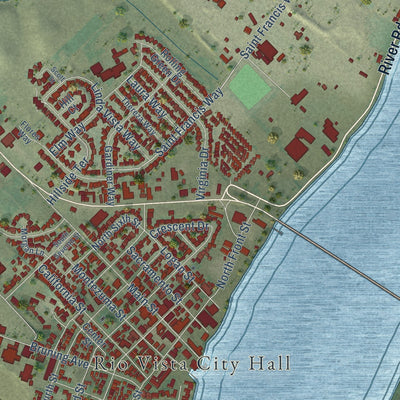 Second close-up of the map of Rio Vista, California print showing more streets and buildings