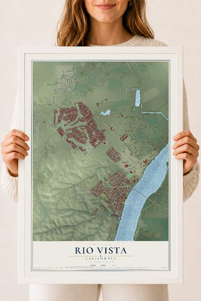 Map of Rio Vista, California, 18 x 24 inch print in a white wood frame