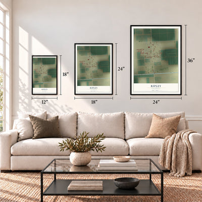 Ripley, California map in 12 x 18, 18 x 24 and 24 x 36 inch sizes above a sofa