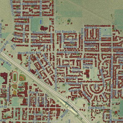 Close-up of the map of Ripon, California print showing street and building detail