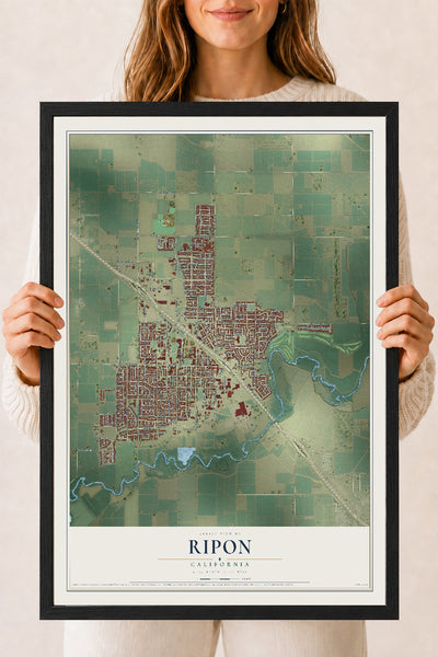 Map of Ripon, California, 18 x 24 inch print in a black wood frame