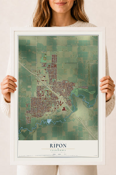 Map of Ripon, California, 18 x 24 inch print in a white wood frame
