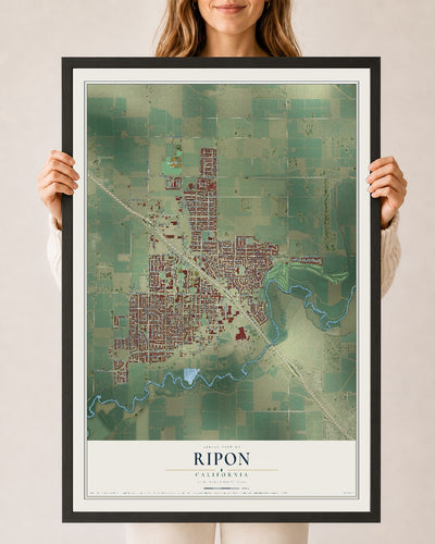 Map of Ripon, California, 24 x 36 inch print in a black wood frame