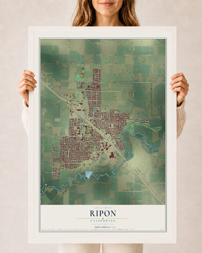 Map of Ripon, California, 24 x 36 inch print in a white wood frame