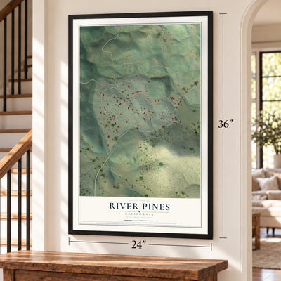 River Pines, California map, 24 x 36 inch print in a black frame by a staircase