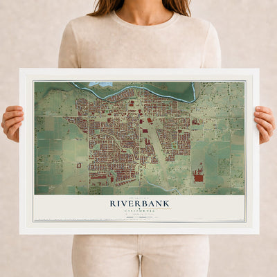 Map of Riverbank, California, 12 x 18 inch print in a white wood frame