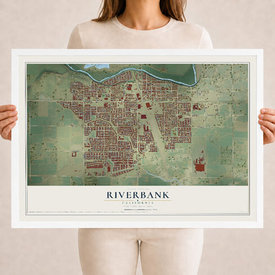Map of Riverbank, California, 18 x 24 inch print in a white wood frame