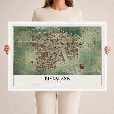 Map of Riverbank, California, 24 x 36 inch print in a white wood frame