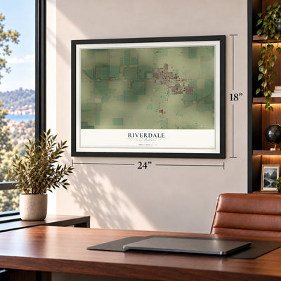 Riverdale, California map, 18 x 24 inch print in a black frame in a home office