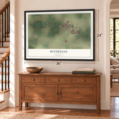 Riverdale, California map, 24 x 36 inch print in a black frame above a dresser by a staircase