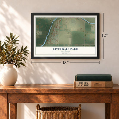 Riverdale Park, California map, 12 x 18 inch print in a black frame in an entryway