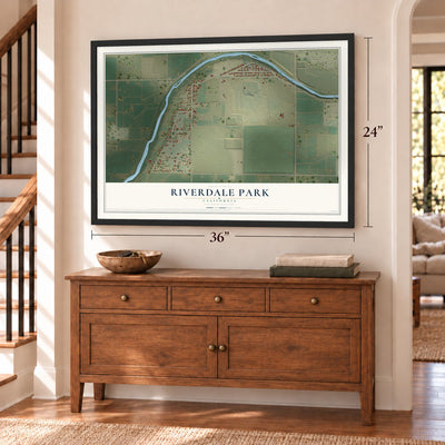 Riverdale Park, California map, 24 x 36 inch print in a black frame above a dresser by a staircase