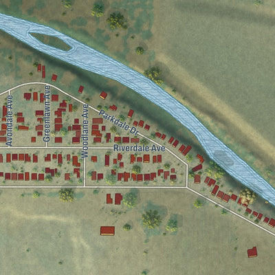 Close-up of the map of Riverdale Park, California print showing street and building detail