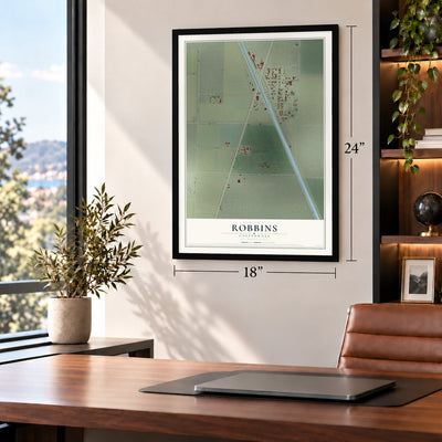 Robbins, California map, 18 x 24 inch print in a black frame in a home office
