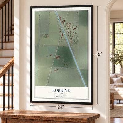 Robbins, California map, 24 x 36 inch print in a black frame by a staircase