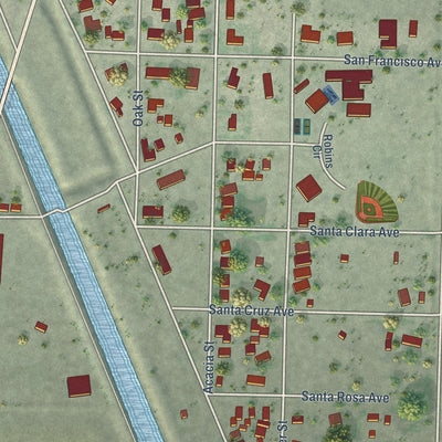 Close-up of the map of Robbins, California print showing street and building detail