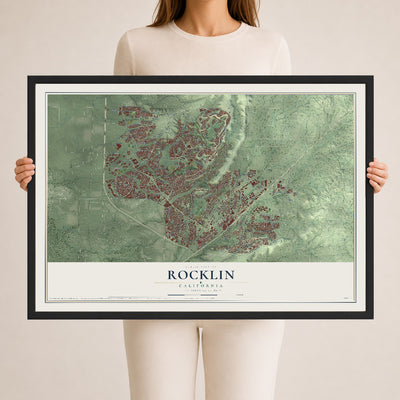 Map of Rocklin, California, 24 x 36 inch print in a black wood frame