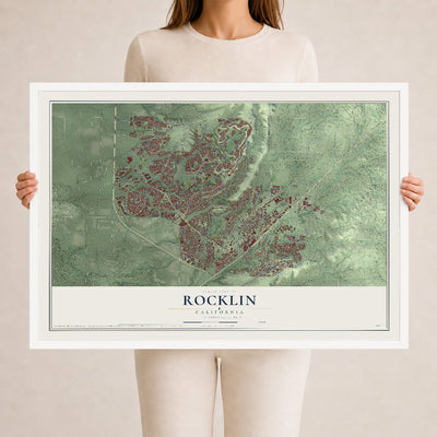 Map of Rocklin, California, 24 x 36 inch print in a white wood frame