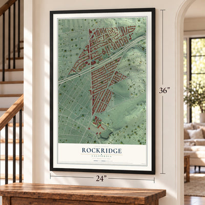 Rockridge, California map, 24 x 36 inch print in a black frame by a staircase