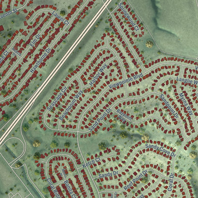 Close-up of the map of Rodeo, California print showing street and building detail