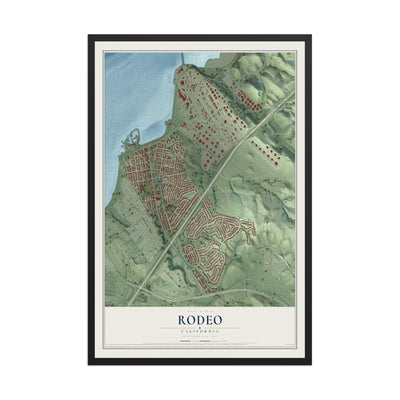 Map of Rodeo, California, 12 x 18 inch print in a black wood frame