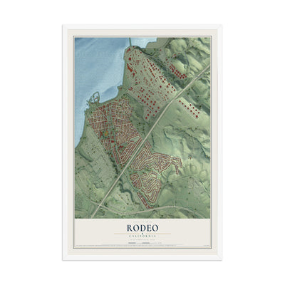 Map of Rodeo, California, 12 x 18 inch print in a white wood frame