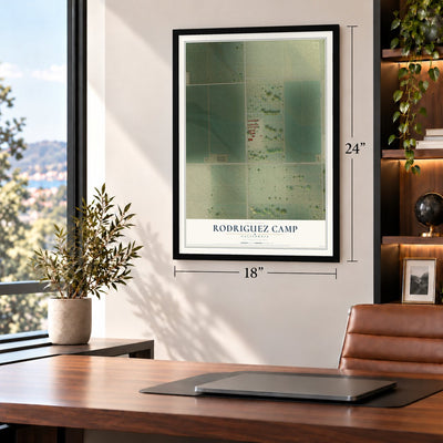 Rodriguez Camp, California map, 18 x 24 inch print in a black frame in a home office